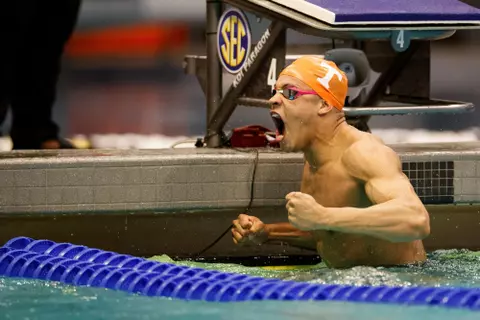 COLLEGE STATION, TX - February 15, 2023 - Jordan Crooks of the Tennessee Volunteers during day two finals session of the 2023 SEC Swimming & Diving Championships at the Rec Center Natatorium in College Station, TX. Photo By John Golliher/Tennessee Athletics