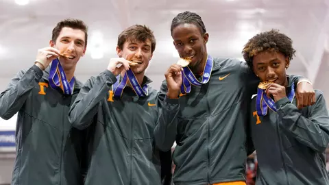 FAYETTEVILLE, AR - FEBRUARY 25, 2023 - Dylan Jacobs, Joe Hoots, Rasheeme Griffith, and Yordanos Zelinski of the Tennessee Volunteers during Day 2 of the Indoor SEC Track and Field Championship at Randal Tyson Track Center in Fayetteville, AR. Photo By Cayce Smith/Tennessee Athletics