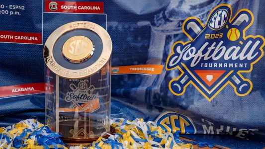 FAYETTEVILLE, AR - May 13, 2023 - SEC Championship Trophy after winning the 2023 SEC Softball Tournament Championship game between the South Carolina Gamecocks and the Tennessee Lady Volunteers at Bogle Park in Fayetteville, AR. Photo By Kate Luffman/Tennessee Athletics