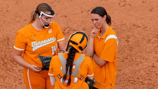 KNOXVILLE, TN - April 06, 2023 - Pitcher Ashley Rogers #14, Outfielder/Infielder Giulia Koutsoyanopulos #27, and Assistant Coach Megan Rhodes Smith of the Tennessee Lady Volunteers during the Tennessee Invite game between the Baylor Bears and the Tennessee Lady Volunteers at Sherri Parker Lee Stadium in Knoxville, TN. Photo By Andrew Ferguson/Tennessee Athletics