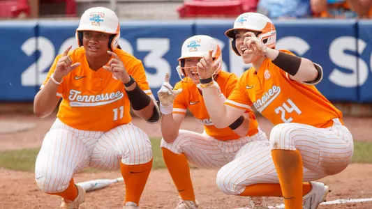 FAYETTEVILLE, AR - May 12, 2023 - The Tennessee Lady Volunteers during the 2023 SEC Softball Tournament quarter-finals game between the Florida Gators and the Tennessee Lady Volunteers at Bogle Park in Fayetteville, AR. Photo By Kate Luffman/Tennessee Athletics