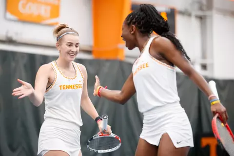 KNOXVILLE, TN - March 03, 2023 - Rebeka Mertena and Esther Adeshina of the Tennessee Lady Volunteers during the game between the Missouri Tigers and the Tennessee Lady Volunteers at Barksdale Stadium in Knoxville, TN. Photo By Emma Corona/Tennessee Athletics