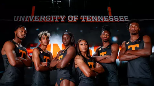 KNOXVILLE, TN - May 05, 2023 - Jesse Henderson, Yaseen Abdalla, Charisma Taylor, Jacious Sears, Devon Brooks and Emmanuel Bynum of the Tennessee Volunteers during the Dark Mode Jersey reveal at the Ray and Lucy Hand Digital Studio in Knoxville, TN. Photo By Kate Luffman/Tennessee Athletics