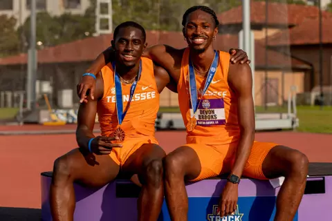 BATON ROUGE, LA - May 13, 2023 - Rasheem Brown and Devon Brooks of the Tennessee Volunteers during day three of the 2023 Outdoor SEC Track and Field Championship meet at Bernie Moore Track Stadium in Baton Rouge, LA. Photo By Andrew Ferguson/Tennessee Athletics