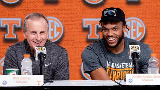 Josiah-Jordan James and Rick Barnes speak with media after Tennessee won the 2022 SEC Tournament in Tampa.