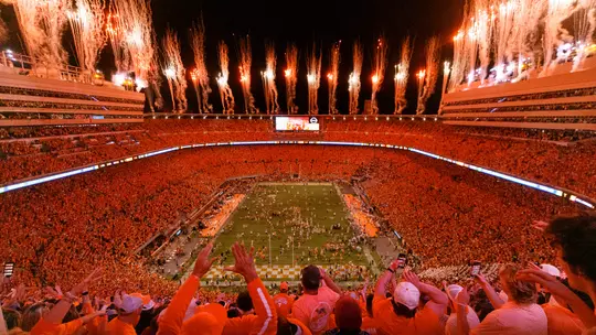 KNOXVILLE, TN - October 15, 2022 - Fans storm the field after the game between the Alabama Crimson Tide and the Tennessee Volunteers at Neyland Stadium in Knoxville, TN. Photo By Cayce Smith/Tennessee Athletics