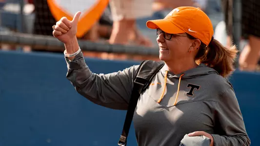 OKLAHOMA CITY, OK - June 04, 2023 - Head Coach Karen Weekly of the Tennessee Lady Volunteers before the 2023 NCAA Women?s College World Series game between the Oklahoma St. Cowboys and the Tennessee Lady Volunteers at the USA Softball Hall of Fame Stadium in Oklahoma City, OK. Photo By Andrew Ferguson/Tennessee Athletics