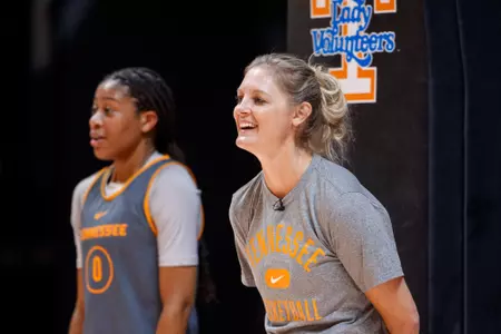 Kellie Harper and Jewel Spear at practice leading up to UT's 2023 European Tour.