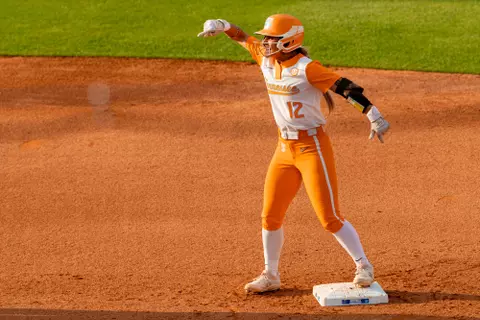 KNOXVILLE, TN - May 19, 2023 - Infielder/Outfielder Mackenzie Donihoo #12 of the Tennessee Lady Volunteers during the 2023 NCAA Softball tournament regional game between the Northern Kentucky Norse and the Tennessee Lady Volunteers at Sherri Parker Lee Stadium in Knoxville, TN. Photo By Andrew Ferguson/Tennessee Athletics