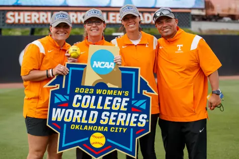 KNOXVILLE, TN - May 27, 2023 - Volunteer Assistant Coach Kate Malveaux, Head Coach Karen Weekly, Assistant Coach Megan Rhodes Smith and Assistant Coach Chris Malveaux of the Tennessee Lady Volunteers after game 2 of the 2023 NCAA Softball Tournament Super Regional between the Texas Longhorns and the Tennessee Lady Volunteers at Sherri Parker Lee Stadium in Knoxville, TN. Photo By Kate Luffman/Tennessee Athletics