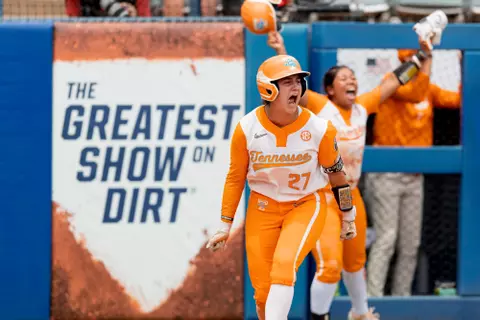 OKLAHOMA CITY, OK - June 01, 2023 - Outfielder/Infielder Giulia Koutsoyanopulos #27 of the Tennessee Lady Volunteers during the 2023 NCAA Women?s College World Series game between the Alabama Crimson Tide and the Tennessee Lady Volunteers at the USA Softball Hall of Fame Stadium in Oklahoma City, OK. Photo By Andrew Ferguson/Tennessee Athletics
