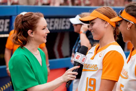 OKLAHOMA CITY, OK - June 01, 2023 - ESPN commentator Courtney Lyle and Outfielder Jamison Brockenbrough #19 after the 2023 NCAA Women?s College World Series game between the Alabama Crimson Tide and the Tennessee Lady Volunteers at the USA Softball Hall of Fame Stadium in Oklahoma City, OK. Photo By Andrew Ferguson/Tennessee Athletics