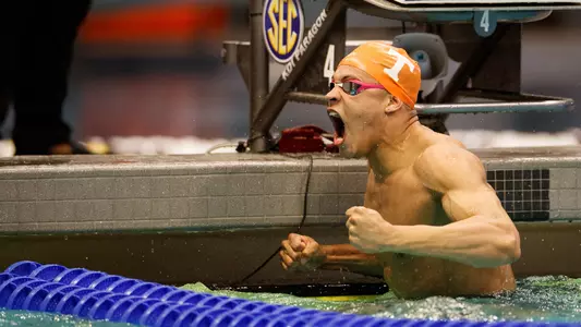 COLLEGE STATION, TX - February 15, 2023 - Jordan Crooks of the Tennessee Volunteers during day two finals session of the 2023 SEC Swimming & Diving Championships at the Rec Center Natatorium in College Station, TX. Photo By John Golliher/Tennessee Athletics