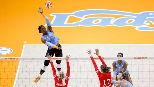 KNOXVILLE, TN - August 26, 2023 - Outside hitter Morgahn Fingall #7 of the Tennessee Lady Volunteers during the game between the Marist College Red Foxes and the Tennessee Lady Volunteers at Thompson-Boling Arena at Food City Center in Knoxville, TN. Photo By Ian Cox/ Tennessee Athletics