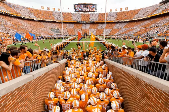 KNOXVILLE, TN - SEPTEMBER 24, 2022 - The Tennessee Volunteers running through the T before the game between the Florida Gators and the Tennessee Volunteers at Neyland Stadium in Knoxville, TN. Photo By Cayce Smith/Tennessee Athletics