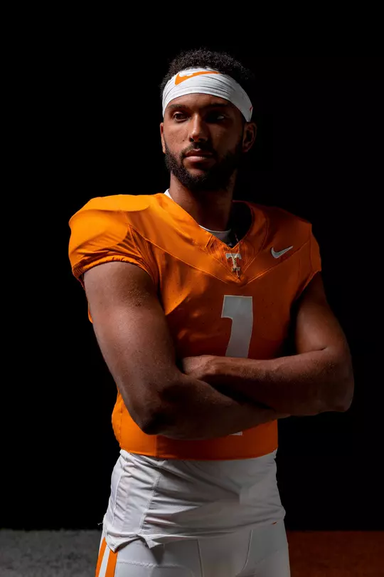 KNOXVILLE, TN - July 18, 2023 - Defensive back Gabe Jeudy-Lally #1 of the Tennessee Volunteers during 2023 Football Photo Day in Knoxville, TN. Photo By Andrew Ferguson/Tennessee Athletics