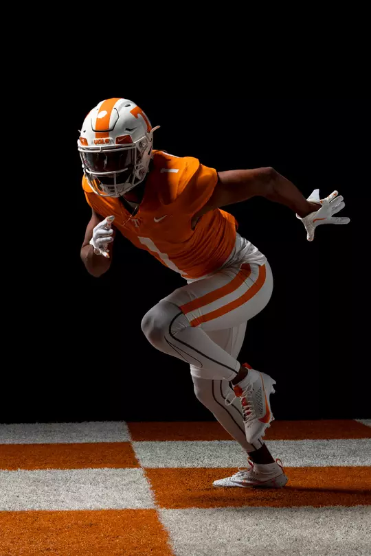 KNOXVILLE, TN - July 18, 2023 - Defensive back Gabe Jeudy-Lally #1 of the Tennessee Volunteers during 2023 Football Photo Day in Knoxville, TN. Photo By Andrew Ferguson/Tennessee Athletics