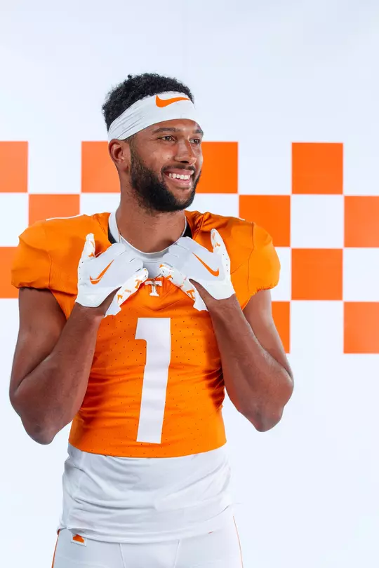 KNOXVILLE, TN - July 18, 2023 - Defensive back Gabe Jeudy-Lally #1 of the Tennessee Volunteers during 2023 Football Photo Day in Knoxville, TN. Photo By Kate Luffman/Tennessee Athletics