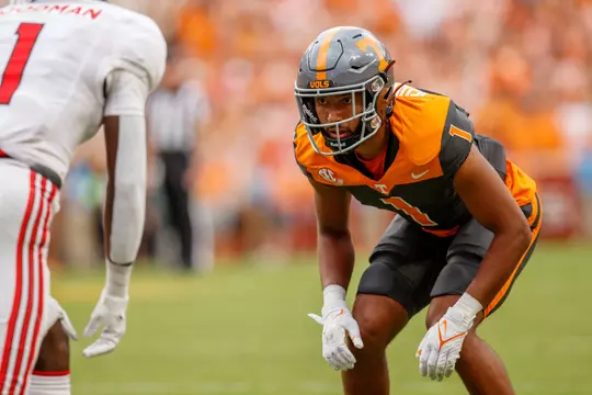 KNOXVILLE, TN - September 09, 2023 - Defensive back Gabe Jeudy-Lally #1 of the Tennessee Volunteers during the game between the Austin Peay Governors and the Tennessee Volunteers at Neyland Stadium in Knoxville, TN. Photo By Avery Bane/Tennessee Athletics