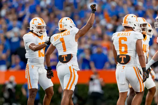GAINESVILLE, FL - September 16, 2023 - Defensive back Gabe Jeudy-Lally #1 of the Tennessee Volunteers during the game between the Florida Gators and the Tennessee Volunteers at Ben Hill Griffin Stadium in Gainesville, FL. Photo By Andrew Ferguson/Tennessee Athletics