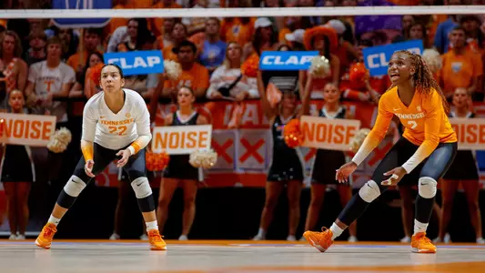 KNOXVILLE, TN - September 20, 2023 - Libero Yelianiz Torres #22 and Outside hitter Erykah Lovett #2 of the Tennessee Lady Volunteers during the game between the Missouri Tigers and the Tennessee Lady Volunteers at Thompson-Boling Arena at Food City Center in Knoxville, TN. Photo By Kyndall Williams/Tennessee Athletics