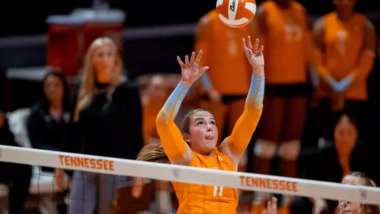 KNOXVILLE, TN - August 25, 2023 - Setter Caroline Kerr #11 of the Tennessee Lady Volunteers during the game between the Texas State Bobcats and the Tennessee Lady Volunteers at Thompson-Boling Arena at Food City Center in Knoxville, TN. Photo By Andrew Ferguson/Tennessee Athletics