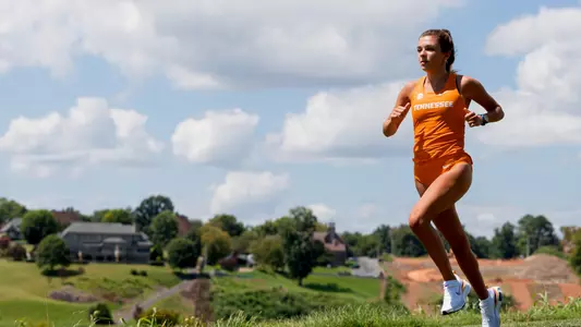 KNOXVILLE, TN - August 17, 2023 - Lily Baker of the Tennessee Volunteers during Cross Country Photo Day at Cherokee Farm Cross Country Course in Knoxville, TN. Photo By Andrew Ferguson/Tennessee Athletics