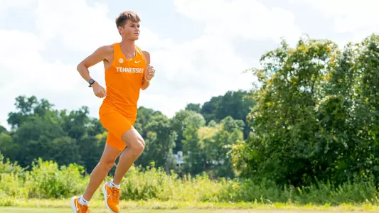 KNOXVILLE, TN - August 17, 2023 - Christopher Cherry of the Tennessee Volunteers during Cross Country Photo Day at Cherokee Farm Cross Country Course in Knoxville, TN. Photo By Andrew Ferguson/Tennessee Athletics