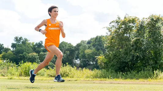 KNOXVILLE, TN - August 17, 2023 - Brendan Gomez of the Tennessee Volunteers during Cross Country Photo Day at Cherokee Farm Cross Country Course in Knoxville, TN. Photo By Andrew Ferguson/Tennessee Athletics