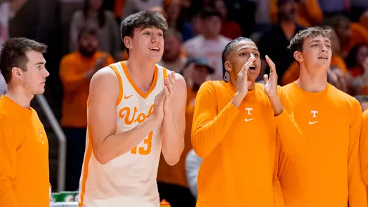 KNOXVILLE, TN - February 28, 2024 - Forward J.P. Estrella #13 and Guard Cameron Carr #43 of the Tennessee Volunteers during the game between the Auburn Tigers and the Tennessee Volunteers at Food City Center in Knoxville, TN. Photo By Andrew Ferguson/Tennessee Athletics