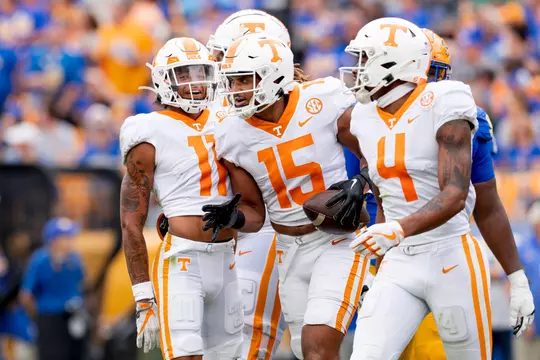 PITTSBURGH, PA - September 10, 2022 - Wide receiver Jalin Hyatt #11, Wide receiver Bru McCoy #15, and Wide receiver Cedric Tillman #4 of the Tennessee Volunteers during the game between the Pittsburgh Panthers and the Tennessee Volunteers at Acrisure Stadium in Pittsburgh, PA. Photo By Andrew Ferguson/Tennessee Athletics