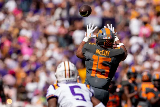 BATON ROUGE, LA - October 08, 2022 - Wide receiver Bru McCoy #15 of the Tennessee Volunteers during the game between the LSU Tigers and the Tennessee Volunteers at Tiger Stadium in Baton Rouge, LA. Photo By Andrew Ferguson/Tennessee Athletics