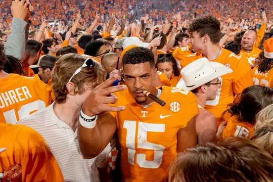 KNOXVILLE, TN - October 15, 2022 - Wide receiver Bru McCoy #15 of the Tennessee Volunteers after the game between the Alabama Crimson Tide and the Tennessee Volunteers at Neyland Stadium in Knoxville, TN. Photo By Andrew Ferguson/Tennessee Athletics