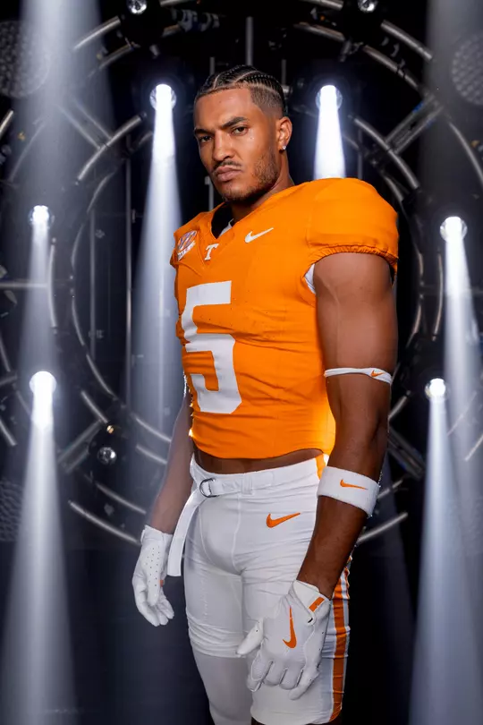 KNOXVILLE, TN - July 17, 2024 - Wide receiver Bru McCoy #5 of the Tennessee Volunteers portrait taken during 2024 Football Photo Day in Knoxville, TN. Photo By Andrew Ferguson/Tennessee Athletics