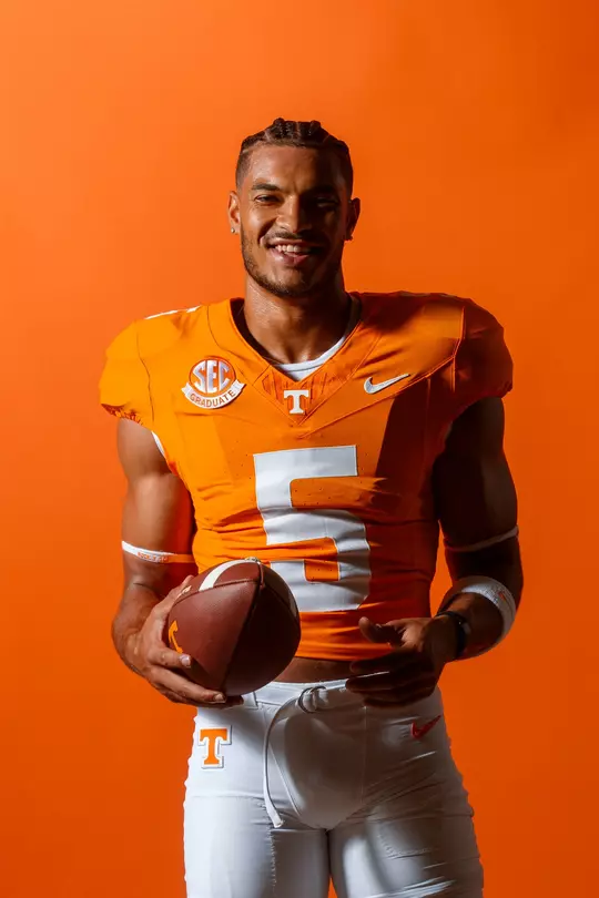 KNOXVILLE, TN - July 18, 2024 - Wide receiver Bru McCoy #5 of the Tennessee Volunteers portrait taken during 2024 Football Photo Day in Knoxville, TN. Photo By Kate Luffman/Tennessee Athletics
