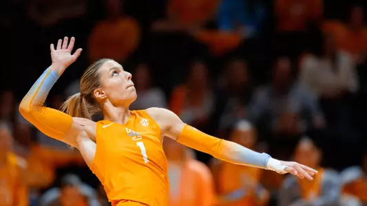 KNOXVILLE, TN - October 16, 2024 - Outside hitter Nina Cajic #1 of the Tennessee Lady Volunteers during the game between the Kentucky Wildcats and the Tennessee Lady Volunteers at Food City Center in Knoxville, TN. Photo By Ryan Beatty/Tennessee Athletics