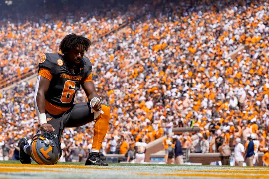 KNOXVILLE, TN - August 31, 2024 - Running back Dylan Sampson #6 of the Tennessee Volunteers before the game between the Chattanooga Mocs and the Tennessee Volunteers at Neyland Stadium in Knoxville, TN. Photo By Andrew Ferguson/Tennessee Athletics
