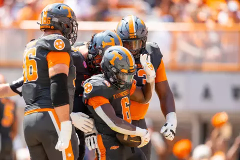 KNOXVILLE, TN - August 31, 2024 - Running back Dylan Sampson #6 and The Tennessee Volunteers during the game between the Chattanooga Mocs and the Tennessee Volunteers at Neyland Stadium in Knoxville, TN. Photo By Emma Ramsey/Tennessee Athletics