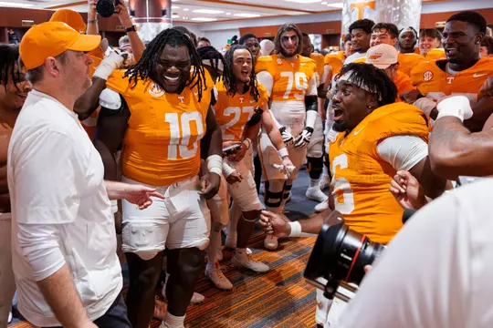 KNOXVILLE, TN - October 12, 2024 - Defensive lineman Elijah Simmons #10 and Running back Dylan Sampson #6 of the Tennessee Volunteers after the game between the Florida Gators and the Tennessee Volunteers at Neyland Stadium in Knoxville, TN. Photo By Kate Luffman/Tennessee Athletics
