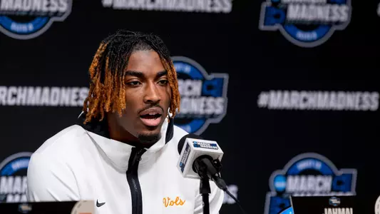 DETROIT, MI - March 28, 2024 - Guard Jahmai Mashack #15 of the Tennessee Volunteers during media availability before practice before the Sweet Sixteen round game of the 2024 NCAA Men?s Basketball Tournament at Little Caesars Arena in Detroit, NC. Photo By Andrew Ferguson/Tennessee Athletics