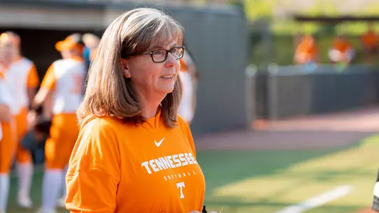 KNOXVILLE, TN - May 19, 2023 - Head Coach Karen Weekly of the Tennessee Lady Volunteers during the 2023 NCAA Softball tournament regional game between the Northern Kentucky Norse and the Tennessee Lady Volunteers at Sherri Parker Lee Stadium in Knoxville, TN. Photo By Andrew Ferguson/Tennessee Athletics