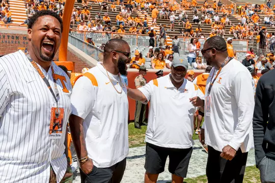 KNOXVILLE, TN - April 15, 2023 - VFL Ramon Foster, Defensive Graduate Assistant Robert Ayers Jr. of the Tennessee Volunteers, Defensive Line Rodney Garner of the Tennessee Volunteers, and VFL Ron Slay before the 2023 Orange and White game at Neyland Stadium in Knoxville, TN. Photo By Andrew Ferguson/Tennessee Athletics