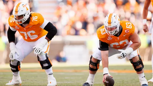 KNOXVILLE, TN - November 23, 2024 - Offensive lineman Javontez Spraggins #76 and Offensive lineman Cooper Mays #63 of the Tennessee Volunteers during the game between the UTEP Miners and the Tennessee Volunteers at Neyland Stadium in Knoxville, TN. Photo By Kate Luffman/Tennessee Athletics