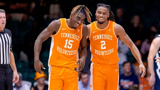 NASSAU, BS - November 22, 2024 - Guard Jahmai Mashack #15 and Guard Chaz Lanier #2 of the Tennessee Volunteers during the first round game of the Continental Tire Baha Mar Championship between the Virginia Cavaliers and the Tennessee Volunteers at Baha Mar Resort in Nassau, BS. Photo By Andrew Ferguson/Tennessee Athletics