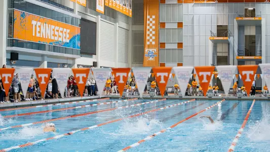 KNOXVILLE, TN - November 15, 2023 - Wide angle with Press Box Signage during the Tennessee Invitational at Allan Jones Intercollegiate Aquatic Center in Knoxville, TN. Photo By Kate Luffman/Tennessee Athletics
