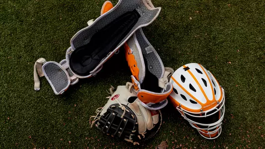 KNOXVILLE, TN - April 06, 2023 - Catchers gear during the Tennessee Invite game between the Baylor Bears and the Tennessee Lady Volunteers at Sherri Parker Lee Stadium in Knoxville, TN. Photo By Andrew Ferguson/Tennessee Athletics