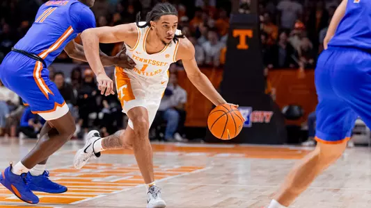 KNOXVILLE, TN - January 16, 2024 - Guard Freddie Dilione V #1 of the Tennessee Volunteers during the game between the Florida Gators and the Tennessee Volunteers at Food City Center in Knoxville, TN. Photo By Andrew Ferguson/Tennessee Athletics