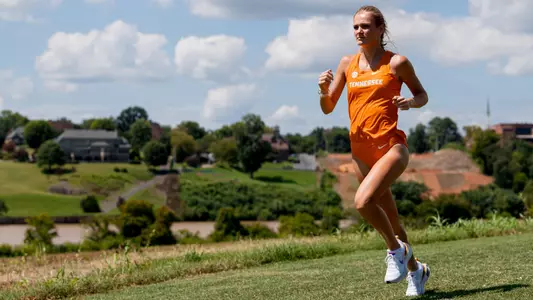 KNOXVILLE, TN - August 17, 2023 - Jordan Rayl of the Tennessee Volunteers during Cross Country Photo Day at Cherokee Farm Cross Country Course in Knoxville, TN. Photo By Andrew Ferguson/Tennessee Athletics