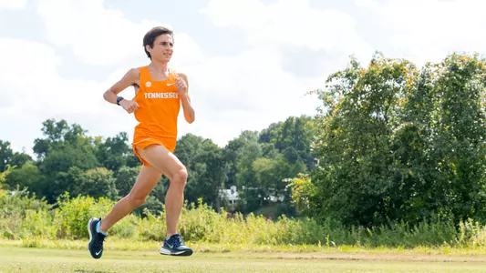 KNOXVILLE, TN - August 17, 2023 - Brendan Gomez of the Tennessee Volunteers during Cross Country Photo Day at Cherokee Farm Cross Country Course in Knoxville, TN. Photo By Andrew Ferguson/Tennessee Athletics