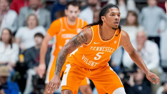 TUSCALOOSA, AL - March 02, 2024 - Guard Zakai Zeigler #5 of the Tennessee Volunteers during the game between the Alabama Crimson Tide and the Tennessee Volunteers at Coleman Coliseum in Tuscaloosa, AL. Photo By Andrew Ferguson/Tennessee Athletics
